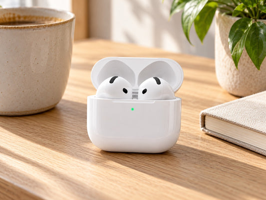Apple AirPods 4 (MXP63ZM/A) dans le boîtier de charge ouvert sur une table en bois, à côté d’une tasse de café et d’un livre