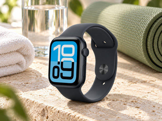 Apple Watch SE 3 GPS 44 mm minuit sur une tablette en pierre, à côté d’une serviette, d’un verre d’eau et d’un tapis de yoga