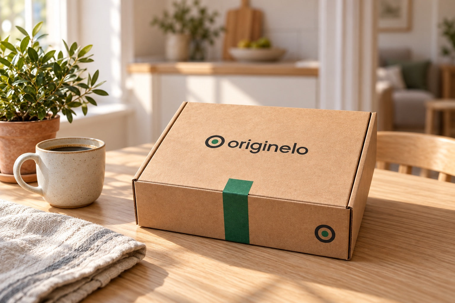 Originelo-Versandkarton auf einem Holztisch in einer hellen Küche mit Kaffeetasse und Pflanze