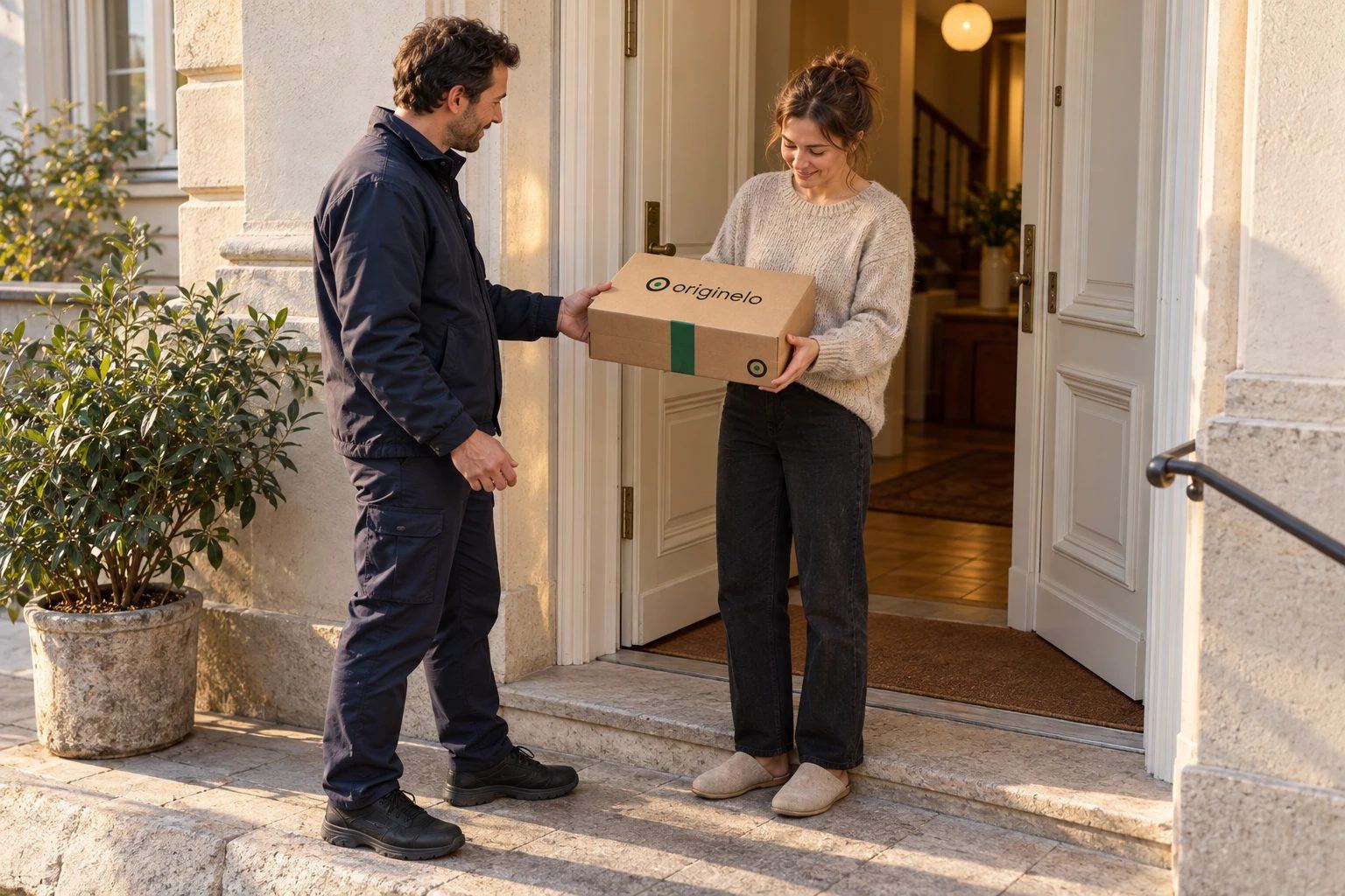 Paketbote übergibt einen Originelo-Versandkarton an der Haustür