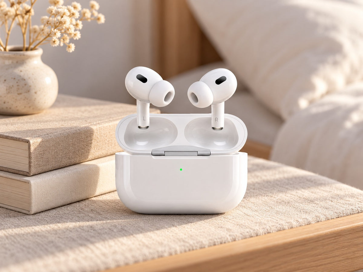 Apple AirPods Pro 2 im geöffneten MagSafe-Ladecase auf einem Nachttisch mit Büchern (KI-generierte Darstellung)