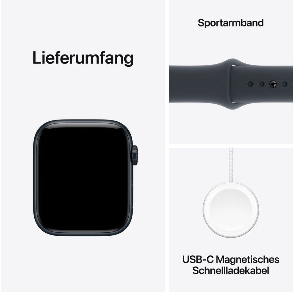 Apple Watch SE 3 Lieferumfang: Uhr, Sportarmband und USB-C Schnellladekabel