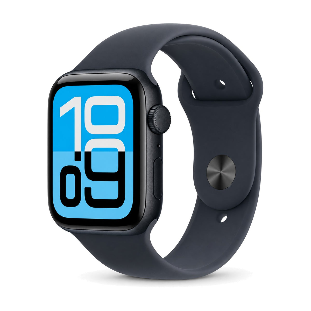 Apple Watch SE 3 GPS 44 mm Aluminium Mitternacht mit Sportarmband – Produktfoto auf weißem Hintergrund (KI-generierte Darstellung)