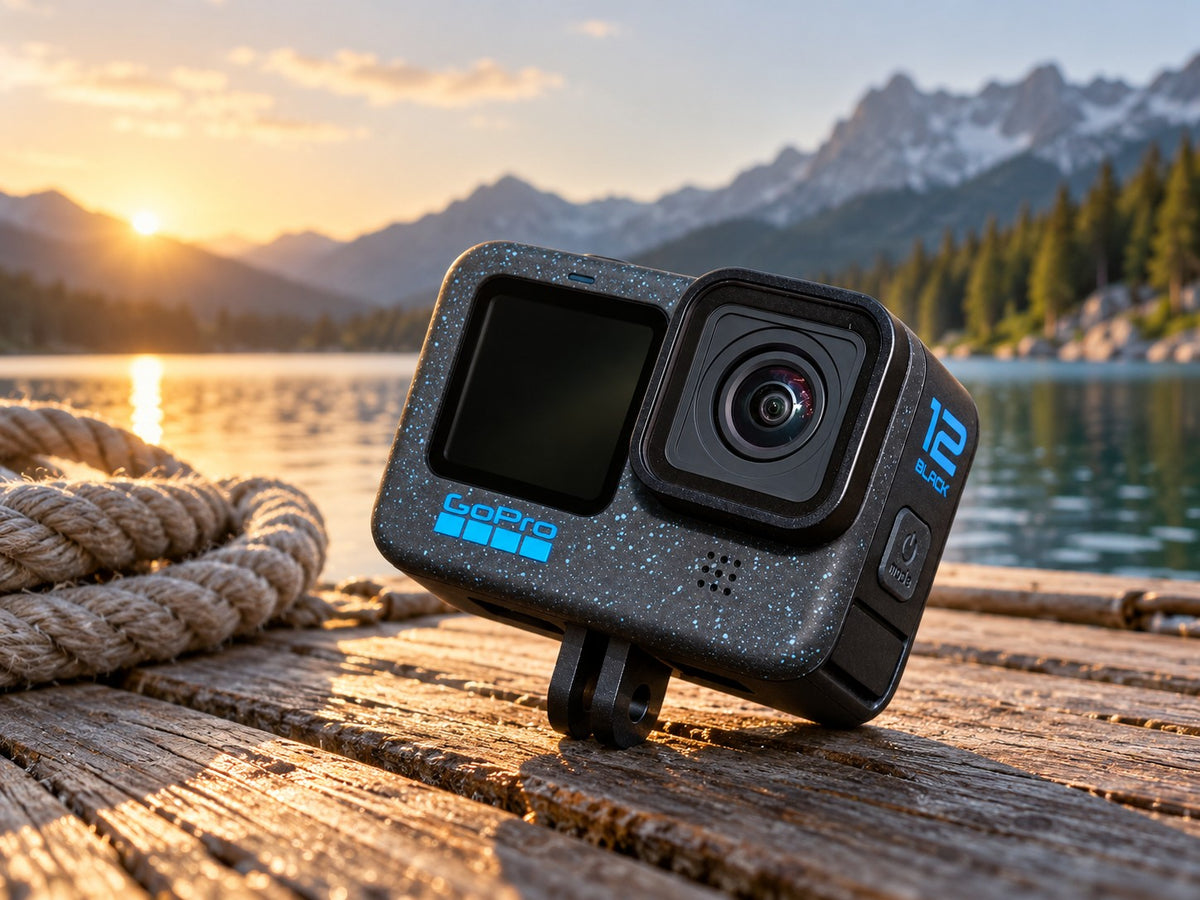 Caméra d’action GoPro HERO12 Black (CHDHX-121-RW) sur un ponton en bois au bord d’un lac de montagne au coucher du soleil