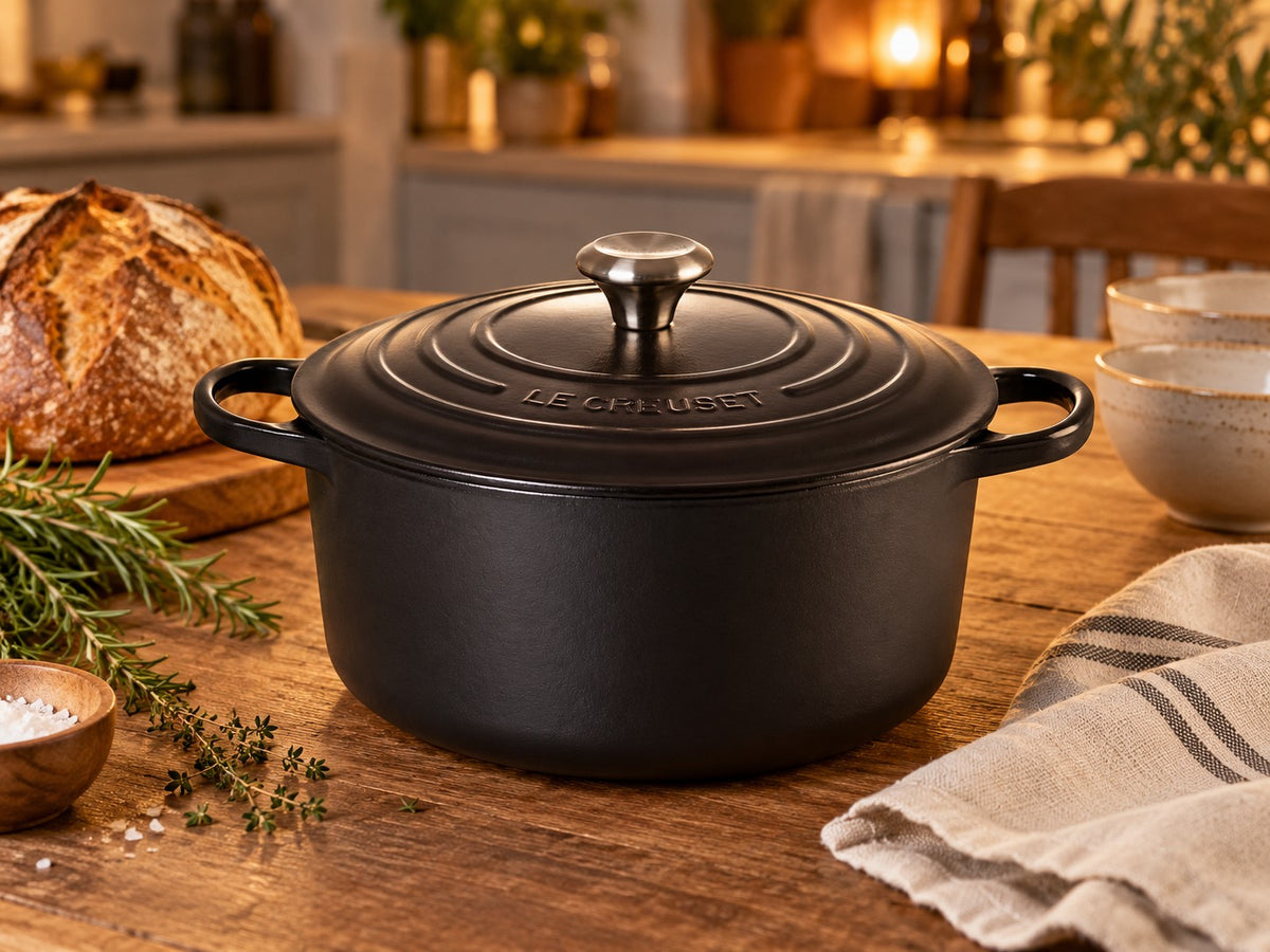 Le Creuset Signature Bräter rund 24 cm in Schwarz auf einem Holztisch in einer gemütlichen Küche mit Brot und Kräutern (KI-generierte Darstellung)
