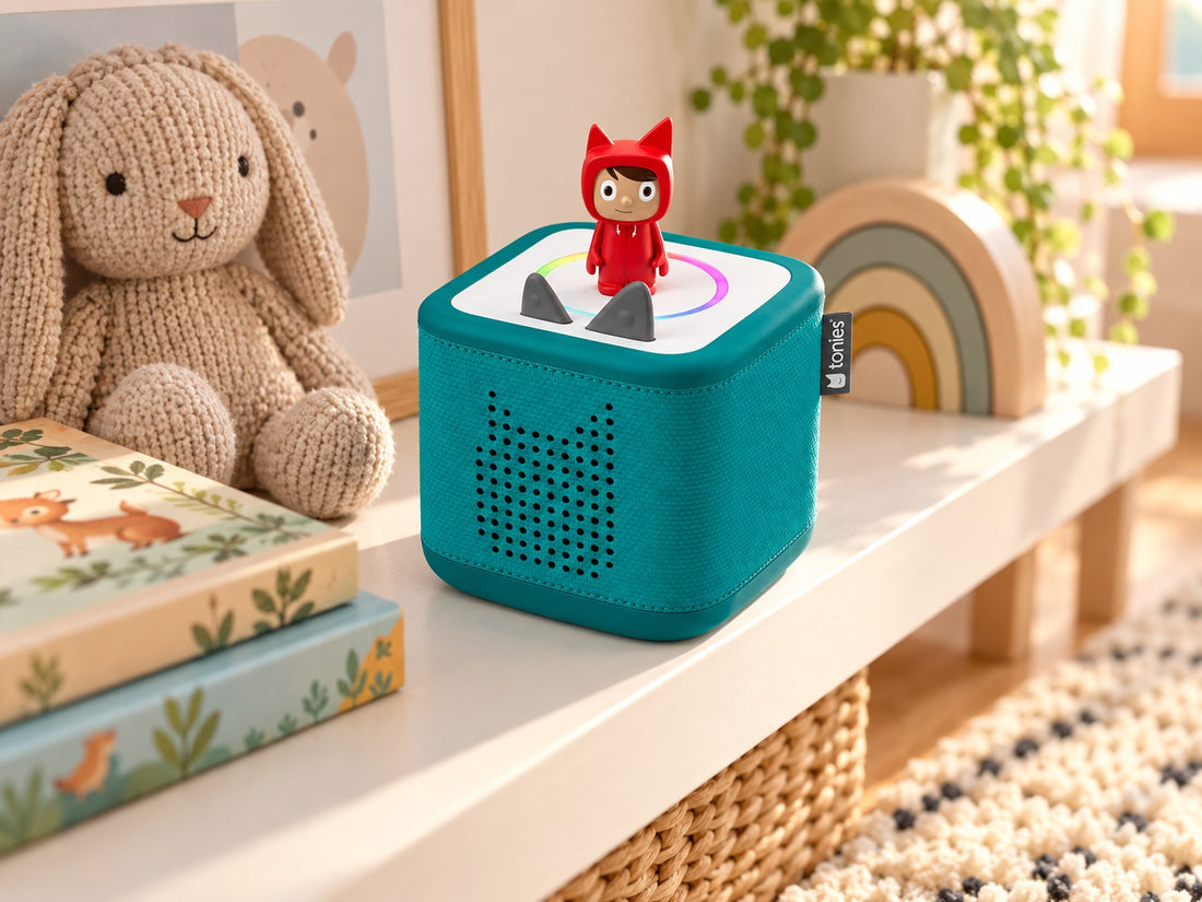 Toniebox 2 coffret de démarrage vert mer avec Tonie Créatif sur une étagère de chambre d’enfant, à côté d’une peluche et de livres d’images