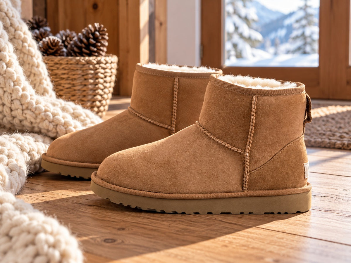 UGG Classic Mini II Stiefel in Chestnut auf Holzdielen in einer winterlichen Berghütte (KI-generierte Darstellung)