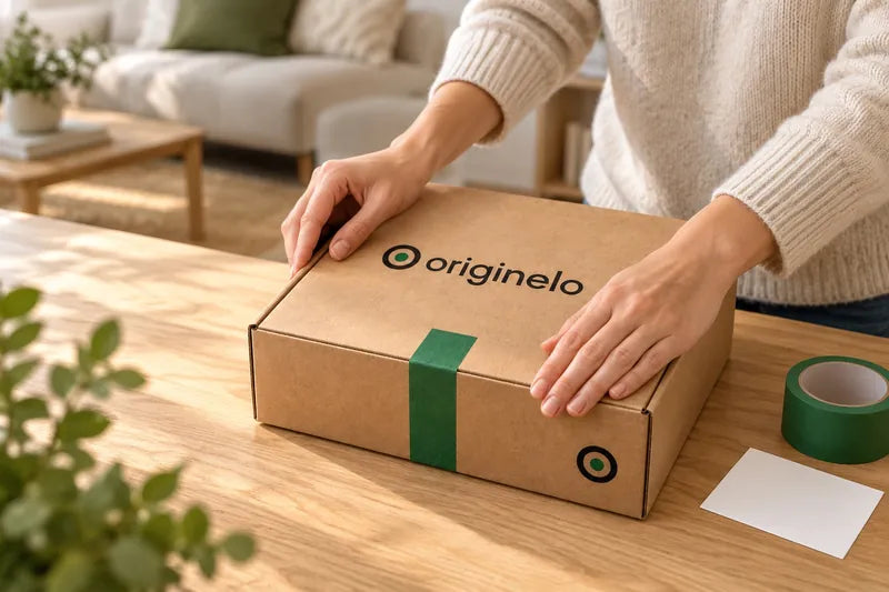 Des mains referment un carton Originelo avec du ruban adhésif vert pour le retour