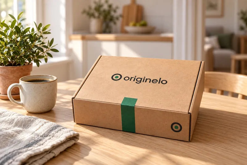 Carton Originelo sur une table en bois dans une cuisine lumineuse, avec une tasse de café et une plante